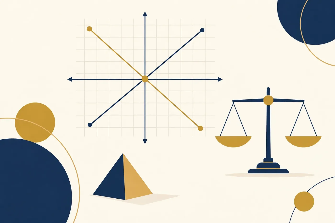 Illustration of intersecting line graphs and a balance scale representing algebra