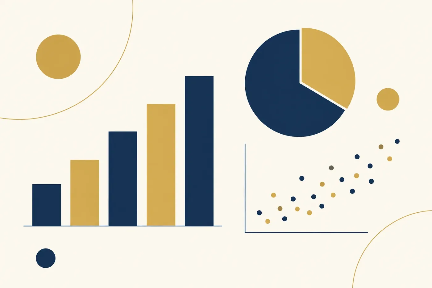 Illustration of a bar chart, pie slice, and scatter dots representing data analysis